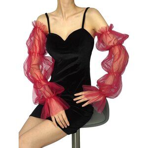 Women's Burgundy Fingerless Elegant Fancy Stretchy Tulle Puffy Long Gloves